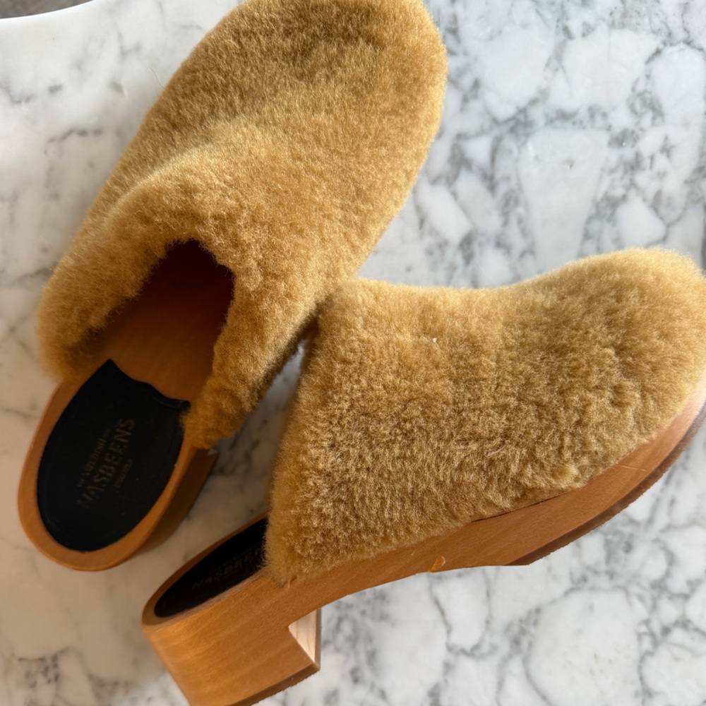 Swedish Hasbeens Brown Shearling Mules